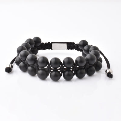Black Gemstone Beads Bracelet, Adjustable Knot - 8mm