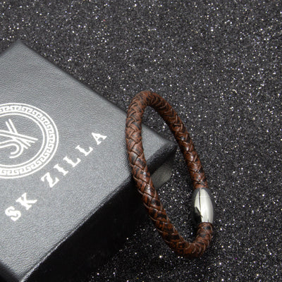 Luxury Men's Bracelet- Single Dark Brown - Silver Oval