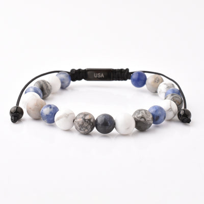 White Blue Gemstone Beads Bracelet, Adjustable Knot - 8mm